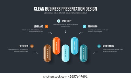 Enterprise Showcase Five Step Diagram Slide Template. Project Visualization Frame Design Vector Illustration. Sales Campaign 5 Option Infographic Slideshow Layout.