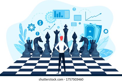 Enterprise smart game, competition industrial chess play, tiny character businessman leadership world market isolated on white, flat vector illustration. Successful business project.