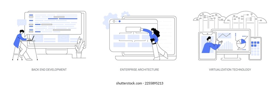 Enterprise software abstract concept vector illustration set. Back end development, enterprise architecture, virtualization technology, programming language, operating system abstract metaphor.