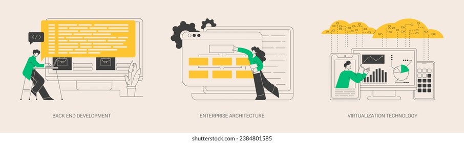 Enterprise software abstract concept vector illustration set. Back end development, enterprise architecture, virtualization technology, programming language, operating system abstract metaphor.