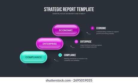 Layout da apresentação de slides infográfico de 3 etapas da solução empresarial. Visão geral da empresa Design de slide de diagrama de três opções. Visual Briefing Apresentação Modelo Vetor Ilustração.