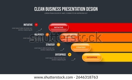 Enterprise Strategy 4 Step Infographic Slide Layout. Corporate Showcase Four Element Diagram Presentation Template. Consulting Visualization Frame Design Vector Illustration.
