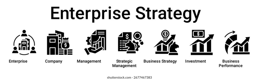 Estratégia empresarial banner web icon vetor ilustração conceito para negócios com ícone de empresa, empresa, gestão, gestão estratégica, estratégia de negócios, investimento, negócios.