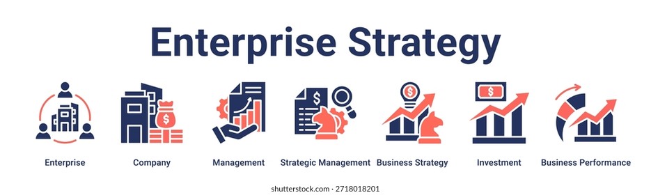 Estratégia empresarial banner web icon vetor ilustração conceito para negócios com ícone de empresa, empresa, gestão, gestão estratégica, estratégia de negócios, investimento, negócios.