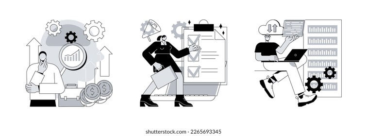 Enterprise strategy development abstract concept vector illustration set. Business Intelligence and business rule, big data analytics, application software, data management abstract metaphor.