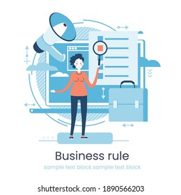 Enterprise strategy development concept. Big data analytics. Business Intelligence. Business rule. Data management abstract metaphor. Vector illustration set. Application software.  