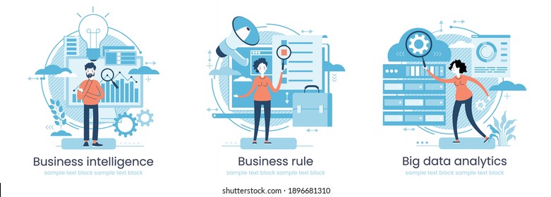 Enterprise strategy development concept. Big data analytics. Business Intelligence. Business rule. Data management abstract metaphor. Vector illustration set. Application software.  