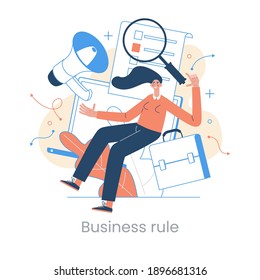Enterprise strategy development concept. Big data analytics. Business Intelligence. Business rule. Data management abstract metaphor.  Application software.  Vector illustration in flat style.