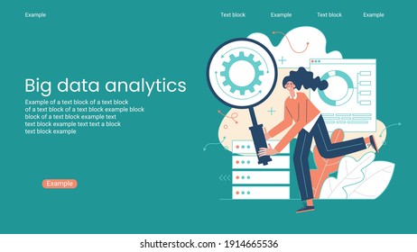 Concepto de desarrollo de estrategias empresariales. Análisis de grandes datos. Inteligencia empresarial. Regla de negocio. Metáfora abstracta de gestión de datos. Conjunto de ilustraciones vectoriales. Software de aplicación.  Estilo plano.
