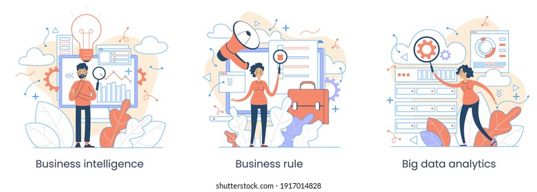 Enterprise strategy development concept. Big data analytics. Business Intelligence. Business rule. Data management abstract metaphor. Vector illustration set. Application software.  flat style.