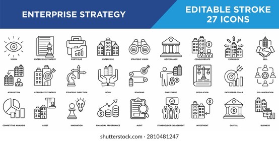 Enterprise Strategy line icons set with tvision, enterprise strategy, portfolio, enterprise, strategic vision, governance, conglomerate concepts. Editable stroke vector collection.
