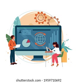 Enterprise system abstract concept vector illustration. Corporate software, enterprise architecture, business process and records management, IT system. Man and woman in front of big computer screen.a