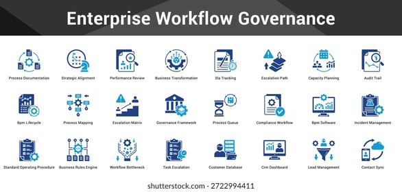 Controle de fluxo de trabalho corporativo Conjunto coeso de ícones de vetor minimalistas que representam ideias-chave com clareza visual