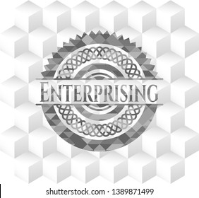 Enterprising grey emblem with cube white background