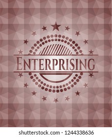 Enterprising red emblem or badge with abstract geometric polygonal pattern background. Seamless.
