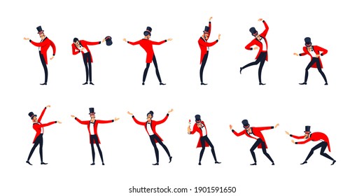 Entertainer character set. Adult male showman, presenter or actor on stage. The man in the red Bright tailcoat, suit and the cylinder. Cartoon illustration isolated on a white background