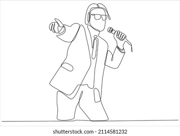 Der Animateur. eleganter Sprecher, der Mikrofon hält - fortlaufende Linienzeichnung