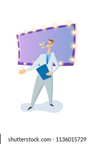 Entertainer, emcee, TV-show host in studio. Colored flat vector illustration. Isolated on white background.