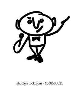 Entertainer on stage. Impresario. Hand-drawn cute cartoon character. Vector black and white illustration