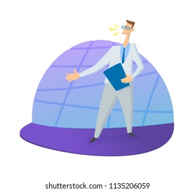 Entertainer, presenter, TV-show host on stage. Colored flat vector illustration. Isolated on white background.