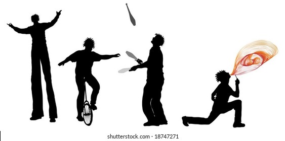 Entertainer Silhouettes (juggler, Unicyclist, fire breather and stilt walker)