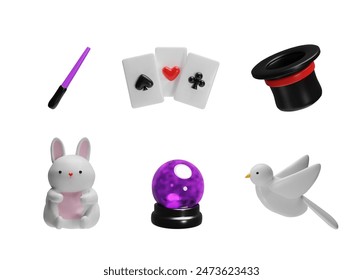 An entertaining 3D magician's set with a bright crystal ball, a top hat, a magic wand, a rabbit and a pigeon. perfect for creating illusionary designs