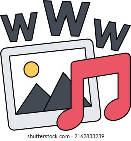 material educativo o de entretenimiento Concepto de marketing de contenido, diseño de iconos de color vectorial de imagen y podcast, símbolo de marketing digital, signo de optimización de motores de búsqueda, ilustración de material SEO y SMM
