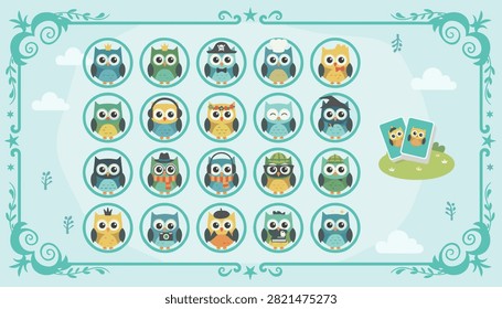 Entertaining educational spot the difference and find the twins matching puzzle game featuring twenty diverse cartoon owl characters.