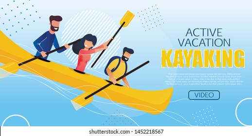 Entertaining Flyer Active Vacation Kayaking Flat. Poster People Make an Extreme Rafting Down Mountain Rivers. Men and Women on Expedition Rafting on River Cartoon. Vector Illustration.