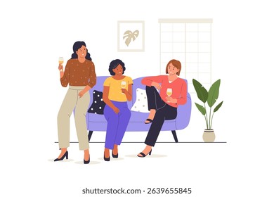 Entertaining Friends Illustration with Women Chatting and Drinking at Home. Illustrations for websites, landing pages, mobile apps, posters and banners