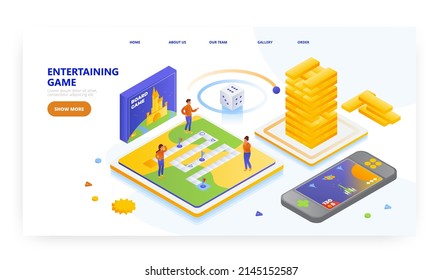 Entertaining game, landing page design, website banner vector template. People playing table game. Leisure activity.