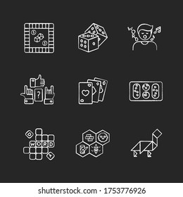 Entertaining games chalk white icons set on black background. Traditional fun activities for family recreation and friendly parties Different board games. Isolated vector chalkboard illustrations