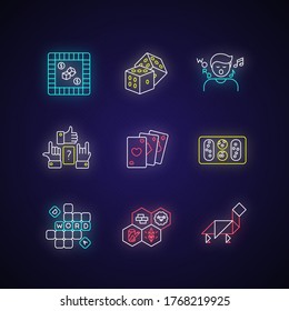 Entertaining games neon light icons set. Fun activities for family recreation and friendly parties Different board games signs with outer glowing effect. Vector isolated RGB color illustrations