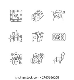 Entertaining games pixel perfect linear icons set. Traditional fun activities, different board games customizable thin line contour symbols. Isolated vector outline illustrations. Editable stroke
