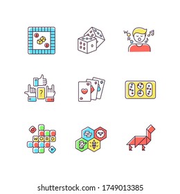 Entertaining games RGB color icons set. Traditional fun activities for family recreation and friendly parties Different board games. Isolated vector illustrations