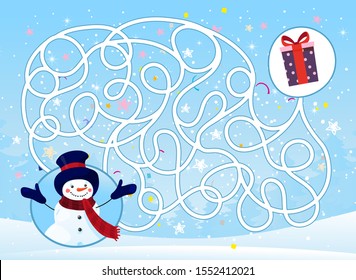 An entertaining maze game for children. Help the snowman find the way to the present. Puzzle for children. Labyrinth on the background of a winter landscape. Stock vector in cartoon design.