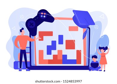 Entertaining studying, logical thinking development. Educational game, gaming education platform, gamified learning system, play and learn concept. Pinkish coral bluevector isolated illustration