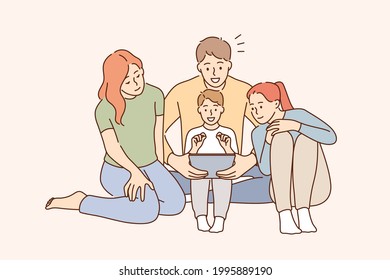 Entertaining using mobile app on phone concept. Cheerful young family with kids cartoon characters sitting laughing watching funny video on smartphone together vector illustration 