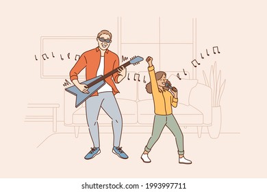 Entertainment and activities with children concept. Smiling positive father playing guitar while his happy daughter singing song in microphone together vector illustration 