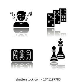 Entertainment activities drop shadow black glyph icons set. Friendly time and family party recreation. Song game, dominoes, mancala and chess. Isolated vector illustrations on white space