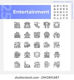 Conjunto de iconos lineales de píxeles perfectos de actividades de entretenimiento. Atracciones de parques de diversiones. Vacaciones familiares. Símbolos de línea fina personalizables. Ilustraciones aisladas de contorno vectorial. Trazo editable