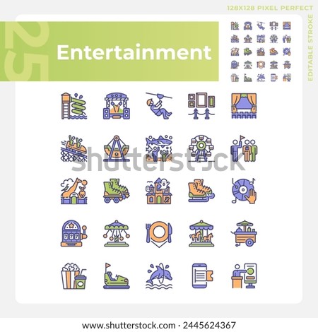 Entertainment activities pixel perfect RGB color icons set. Amusement park attractions. Family vacation. Isolated vector illustrations. Simple filled line drawings collection. Editable stroke