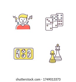 Entertainment activities RGB color icons set. Friendly time and family party recreation. Song game, dominoes, mancala and chess. Isolated vector illustrations