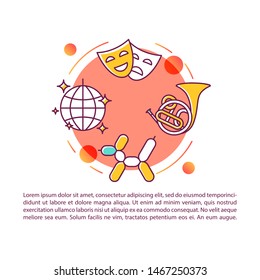Entertainment article page vector template. Show business. Brochure, magazine, booklet design element with linear icons and text boxes. Print design. Concept illustrations with text space