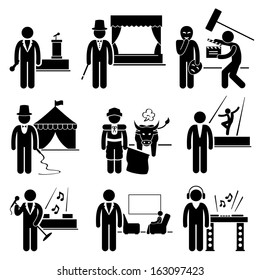 Entertainment Artist Jobs Occupations Careers - Emcee, Magician, Actor, Circus, Matador, Dancer, Singer, Talk Host, Deejay - Stick Figure Pictogram