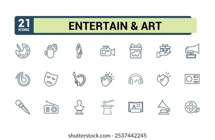 Entertainment and Arts icon pack. Includes icons for painting, entertainment, design, frame, theatre, artwork, art. Simple icon designs. Editable vector icon and illustration.