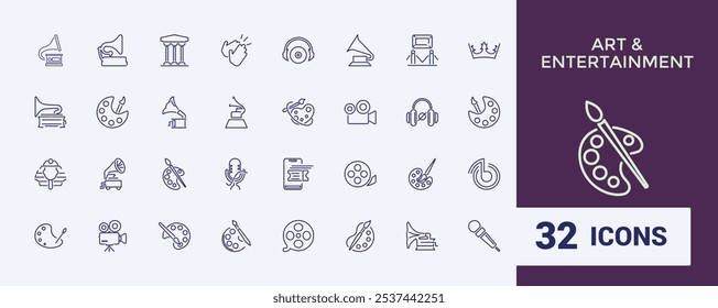 Entertainment and Arts icon pack. Includes icons for painting, entertainment, design, frame, theatre, artwork, art. Simple icon designs. Editable vector icon and illustration.