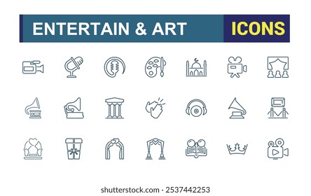 Entertainment and Arts icon pack. Includes icons for painting, entertainment, design, frame, theatre, artwork, art. Simple icon designs. Editable vector icon and illustration.