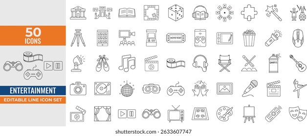 Entertainment and Arts Icon Set – Vector Line Icons of Music, Theater, Cinema, Dance, Games, and Photography