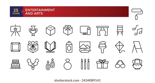 Entertainment and Arts line icons collection. Big UI icon set in a flat design. Thin outline icons pack. Vector illustration.